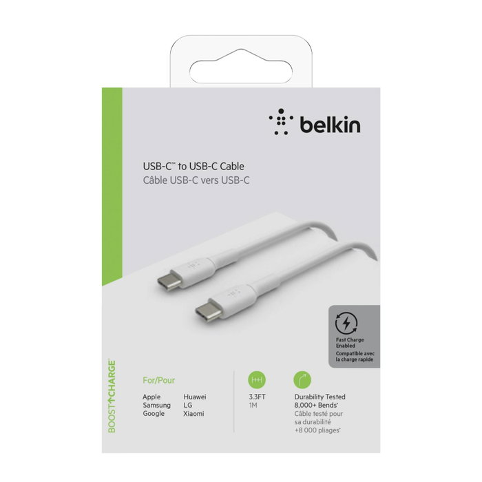 Belkin Câble USB-C vers USB-C Boost Charge 1m Blanc CAB003bt1MWH Belkin Câble USB-C vers USB-C Boost Charge 1m Blanc CAB003bt1MWH