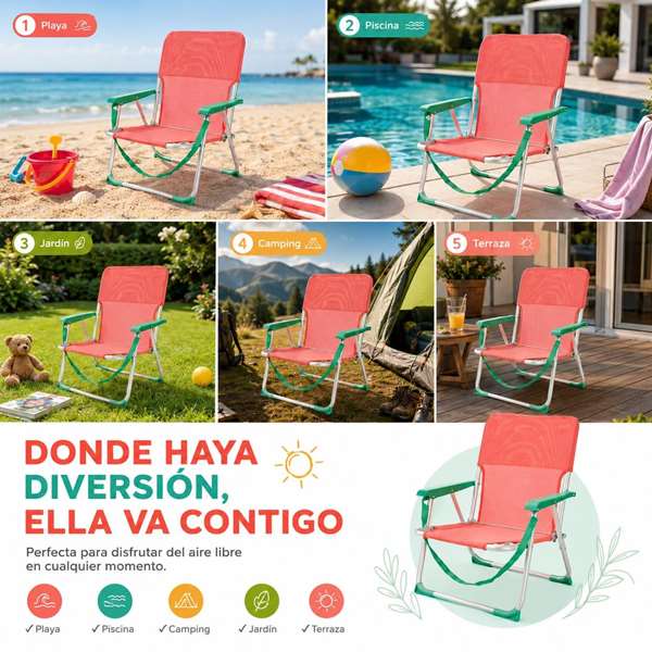 JugaToys Chaise de plage en aluminium corail avec poignée de transport