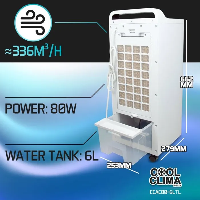 Cool Clima CCAC80-6LTL Rafraîchisseur d'air 80 W réservoir 6 L télécommande