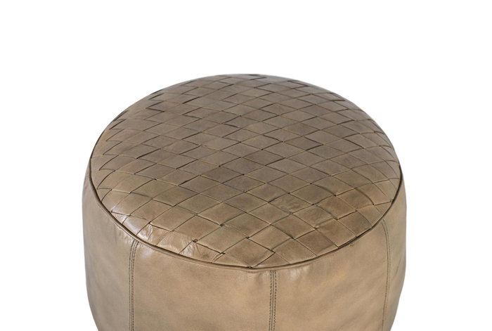 GINER Y COLOMER Puff rond en cuir naturel beige avec dessus décoré de tresses en cuir