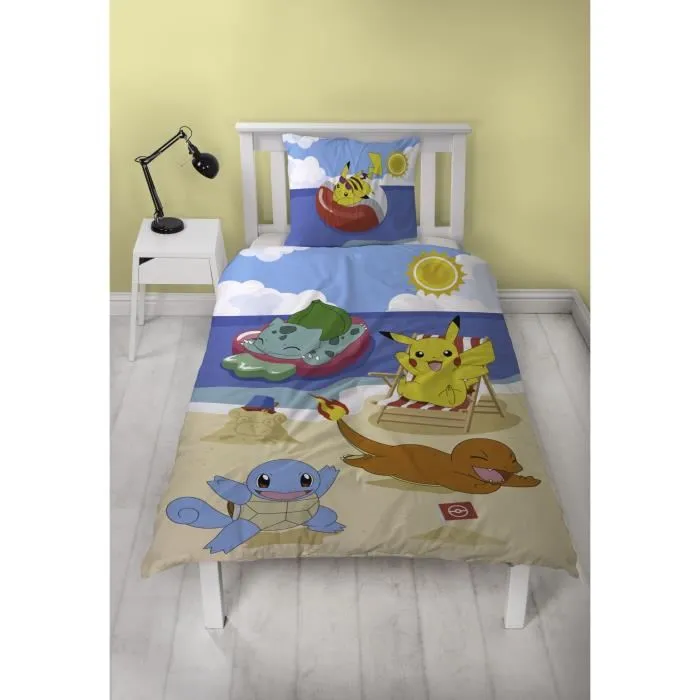 Pokemon Parure de lit Pikachu et ses amis à la plage en microfibre - 1 housse de couette 140 x 200 cm + 1 taie d'oreiller 63 x 63 cm