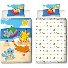 Pokemon Parure de lit Pikachu et ses amis à la plage en microfibre - 1 housse de couette 140 x 200 cm + 1 taie d'oreiller 63 x 63 cm