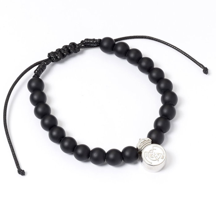 THE CARAT SHOP - Bracelet Officiel Real Madrid extensible avec perles noires mate et médaillon logo club - Pour homme et femme