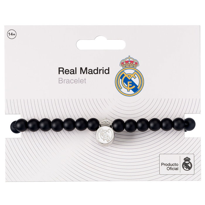 THE CARAT SHOP - Bracelet Officiel Real Madrid extensible avec perles noires mate et médaillon logo club - Pour homme et femme