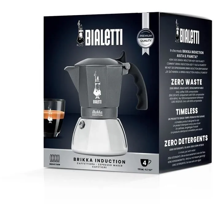 Bialetti Brikka Cafetière Italienne 4 Tasses Induction et Tous Feux, Aluminium Gris