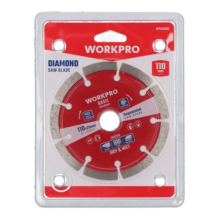 Workpro Disque diamant segmenté basic Ø110 x 20 mm pour coupe pierre, béton, brique et tuile