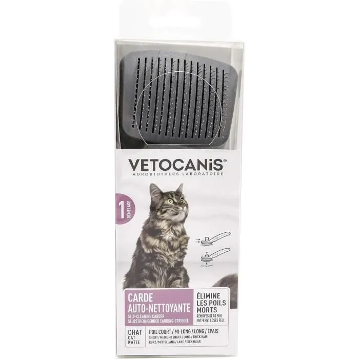 VETOCANIS - Carde auto-nettoyante pour chat à poils longs, Brosse de toilettage rétractable et ergonomique