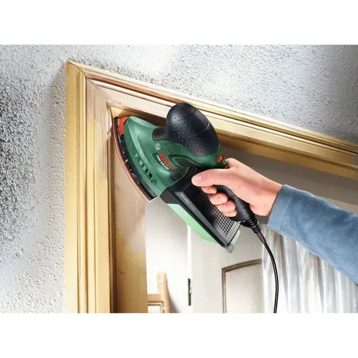 Bosch Ponceuse Multi PSM 200 AES - Ponceuse vibrante pour bois, métal, pierre et surfaces peintes avec plateaux triangulaire et rectangulaire et coffret