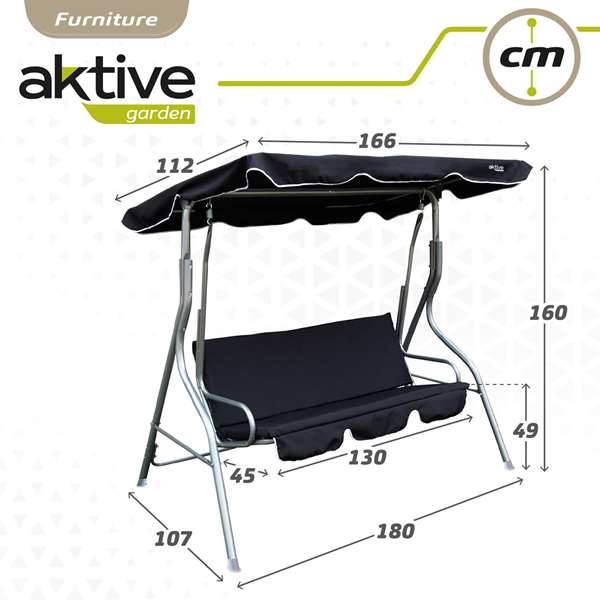 Color Baby Balancín 3 plazas noir, balançoire 3 places pour jardin, dimensions 180 x 107 x 160 cm, acier et polyester Color Baby Balancín 3 plazas noir, balançoire 3 places pour jardin, dimensions 180 x 107 x 160 cm, acier et polyester