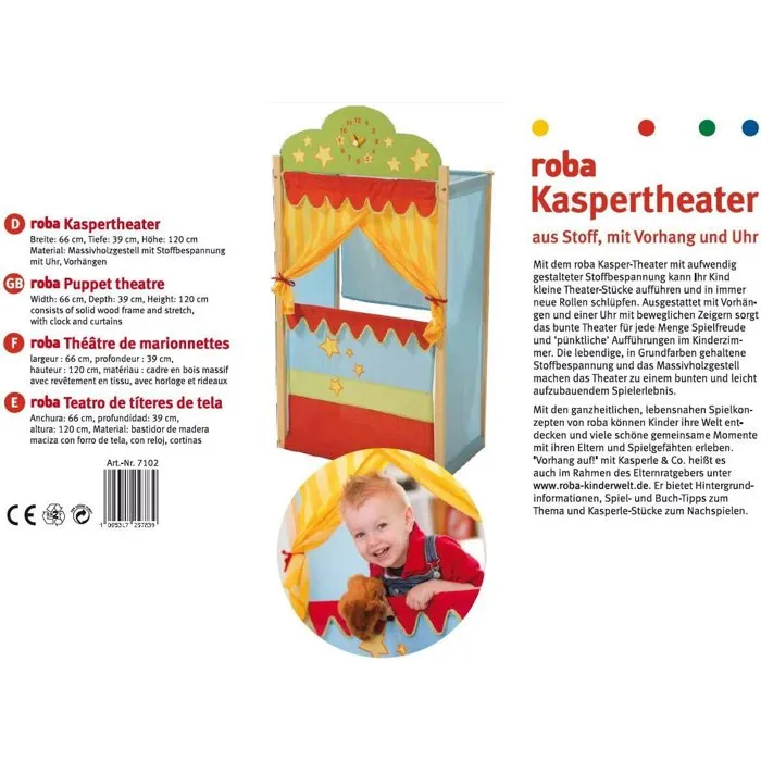ROBA - Théâtre de marionnettes en bois massif univers cirque, rideaux et horloge décorative, pour enfants à partir de 3 ans - Dimensions 66 x 39 x 120 cm