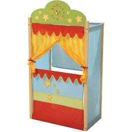 ROBA - Théâtre de marionnettes en bois massif univers cirque, rideaux et horloge décorative, pour enfants à partir de 3 ans - Dimensions 66 x 39 x 120 cm