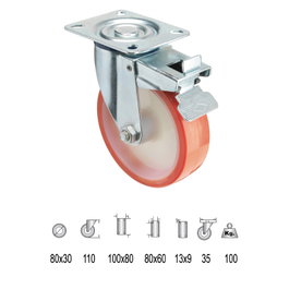 WOLFPACK LINEA PROFESIONAL Roue industrielle polyuréthane avec platine et frein 80 mm