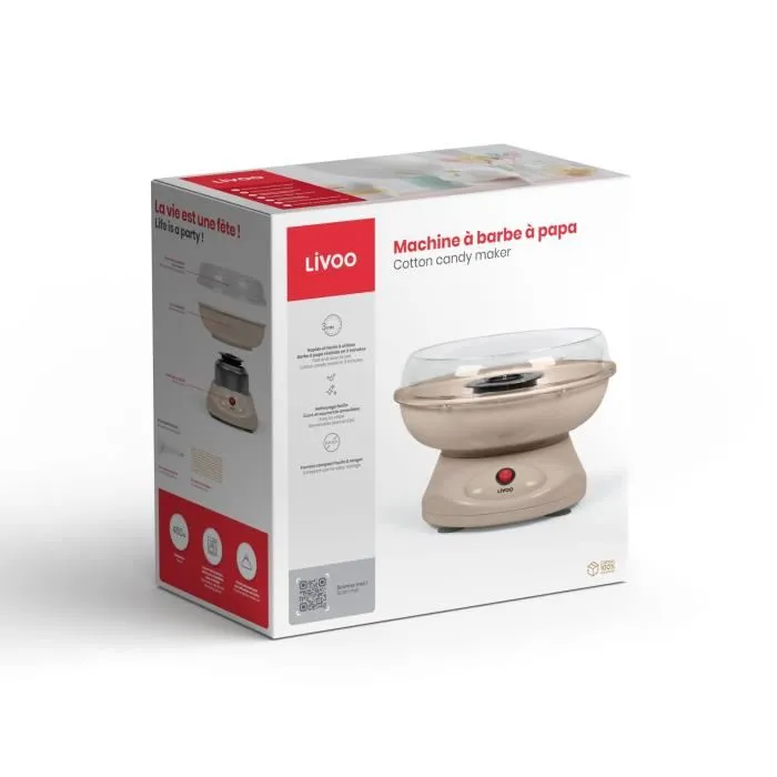 Livoo DOM468C Machine à Barbe à Papa 450W, Cuve et Couvercle Amovibles, Cuillère Doseuse et 10 Bâtons en Bambou Inclus