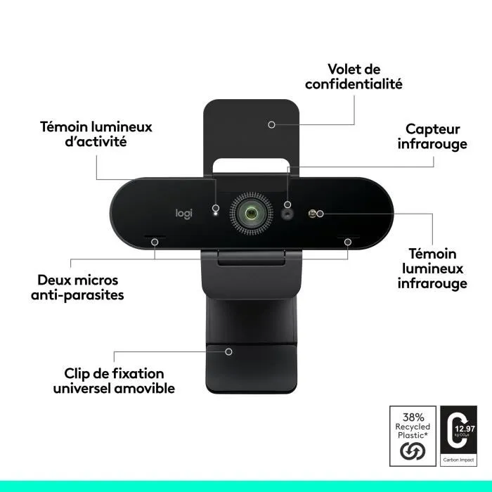 Logitech 960-001718 Webcam Brio 4K Ultra HD avec HDR, Champ de vision 90°, Autofocus, Microphones, Noir Logitech 960-001718 Webcam Brio 4K Ultra HD avec HDR, Champ de vision 90°, Autofocus, Microphones, Noir