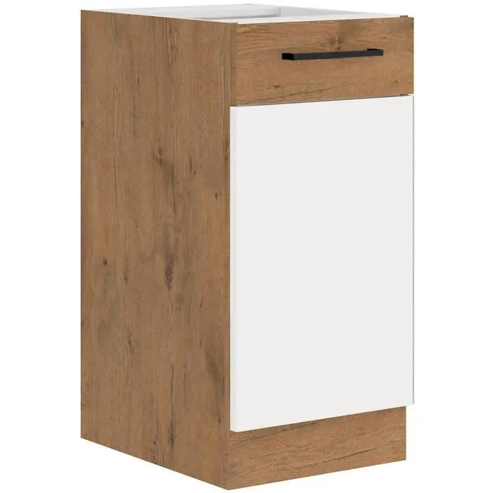 ROCK - Meuble bas de cuisine mélaminé - Chêne Lancelot et blanc brillant - 40 cm de large - 1 porte battante
