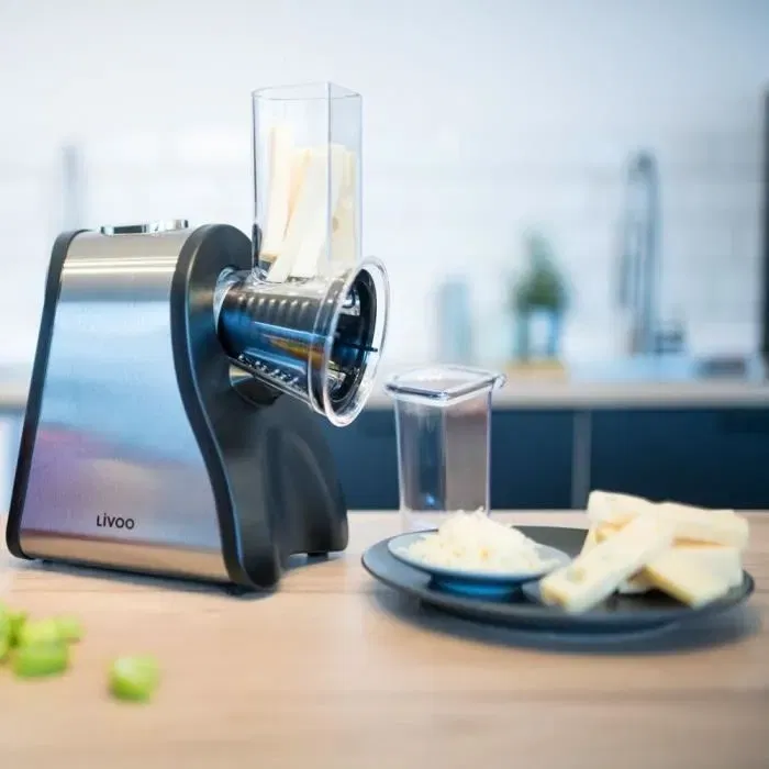 Livoo Râpe Électrique Multifonctions DOP192 avec 4 Cônes Interchangeables - Râper, Trancher, Hacher - Noir et Gris, Acier Inoxydable Livoo Râpe Électrique Multifonctions DOP192 avec 4 Cônes Interchangeables - Râper, Trancher, Hacher - Noir et Gris, Acier Inoxydable
