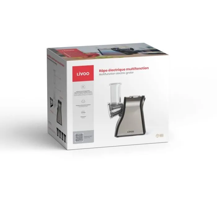 Livoo Râpe Électrique Multifonctions DOP192 avec 4 Cônes Interchangeables - Râper, Trancher, Hacher - Noir et Gris, Acier Inoxydable Livoo Râpe Électrique Multifonctions DOP192 avec 4 Cônes Interchangeables - Râper, Trancher, Hacher - Noir et Gris, Acier Inoxydable