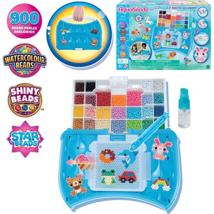 Aquabeads 35087 - Coffret d'initiation avec 900 perles de 25 couleurs, perles à coller à l'eau, plateau, trieur et modèles pour enfants dès 4 ans