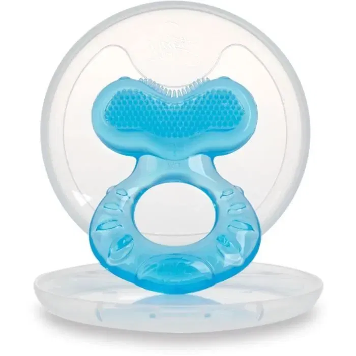 Nuby Anneau de Dentition Teethe-eez en Silicone Texture pour Bébé dès 3 Mois, Bleu, Stimule Gencives et Langue, Étui de Transport Inclus