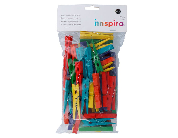 Innspiro Lot de 60 pinces en bois multicolores 72x10mm