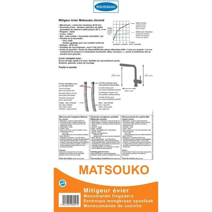 ROUSSEAU Robinet mitigeur de cuisine Matsouko avec douchette et bec économique - Gris chromé - Mécanisme céramique Ø40mm - Laiton