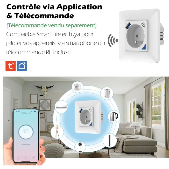 Kyf - Prise connectée encastrée intérieure Wifi avec compteur d'énergie et ports USB + USB-C - Suivi température et humidité