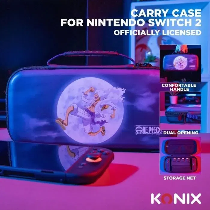 Konix - Housse de transport et protection pour Nintendo Switch 2, Switch et Switch OLED - Bleu motif Luffy Gear 5 - Avec 8 compartiments à jeux et filet pour accessoires