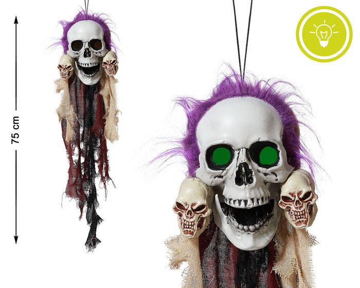 Pirate Skull Hanging Decor avec Yeux Lumineux, Cheveux Violets, 75 cm - Décoration Halloween et Thématique Macabre Pirate Skull Hanging Decor avec Yeux Lumineux, Cheveux Violets, 75 cm - Décoration Halloween et Thématique Macabre