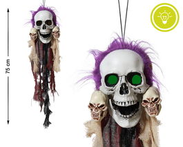 Pirate Skull Hanging Decor avec Yeux Lumineux, Cheveux Violets, 75 cm - Décoration Halloween et Thématique Macabre