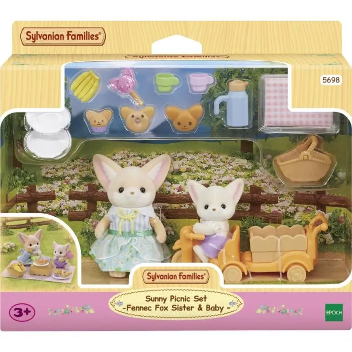 Sylvanian Families - Set de pique-nique Fennec avec 2 personnages, vélo et accessoires (nappe, panier, thermos, vaisselle, nourriture) - Jouet pour enfants dès 3 ans