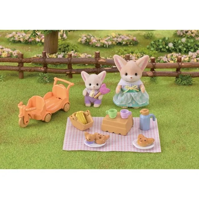 Sylvanian Families - Set de pique-nique Fennec avec 2 personnages, vélo et accessoires (nappe, panier, thermos, vaisselle, nourriture) - Jouet pour enfants dès 3 ans