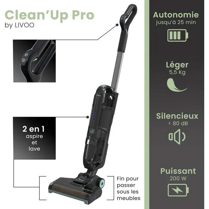 Livoo DOH147V CLEAN'UP PRO Aspirateur balai laveur sans fil - Noir Livoo DOH147V CLEAN'UP PRO Aspirateur balai laveur sans fil - Noir