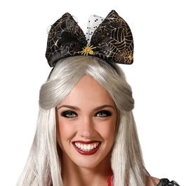 Diadème Halloween Femme Noir et Doré avec Araignées et Nœud Papillon Grand Ruban pour Costume de Sorcière ou Fête Élégante