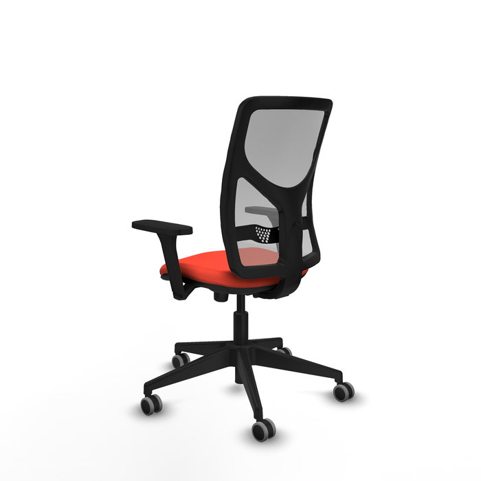 Chaise Motilla Synchro 3 positions tissu Orange foncé Maille Gris Base pyramidale noire Accoudoir 3D Sans appui-tête Roulettes 65mm pour moquette