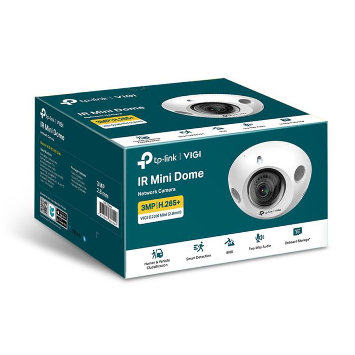TP-Link VIGI C230I Mini V1 Caméra de surveillance réseau dôme anti-vandale 3 MP 2304x1296, focale fixe 2,8 mm, audio, H.265, PoE TP-Link VIGI C230I Mini V1 Caméra de surveillance réseau dôme anti-vandale 3 MP 2304x1296, focale fixe 2,8 mm, audio, H.265, PoE