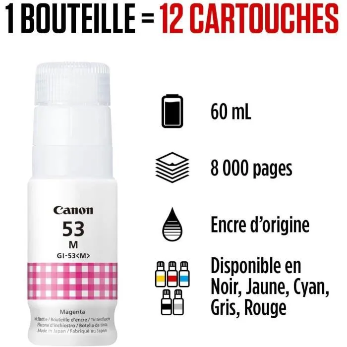 Canon - Bouteille d'encre GI-53M Magenta - 60 ml - Compatible PIXMA G650 et G550 - Jusqu'à 3800 photos par jeu - Encre à colorant (4681C001)