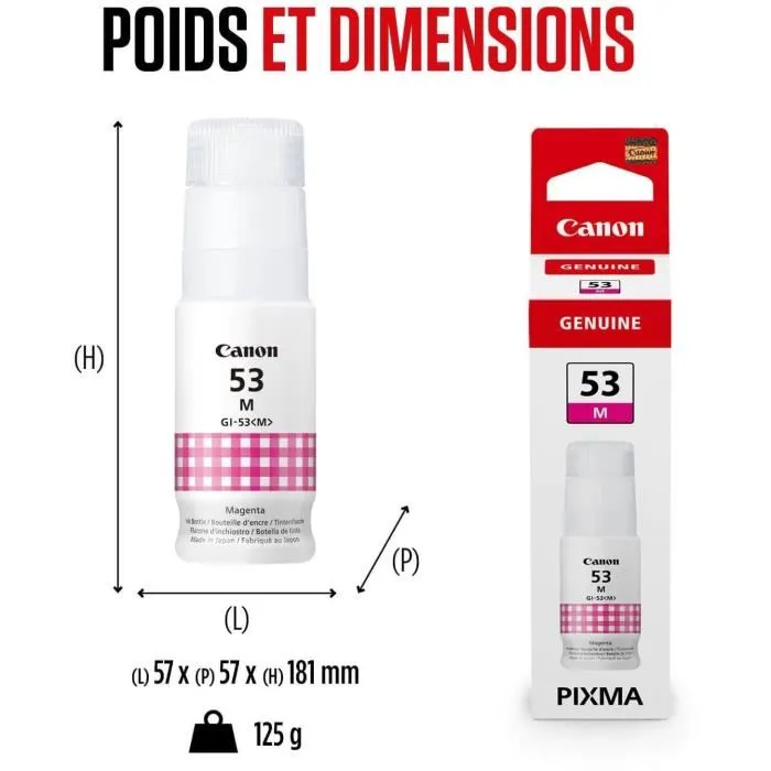 Canon - Bouteille d'encre GI-53M Magenta - 60 ml - Compatible PIXMA G650 et G550 - Jusqu'à 3800 photos par jeu - Encre à colorant (4681C001)