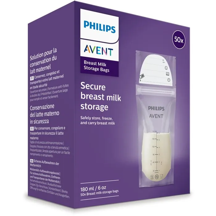 Philips Avent SCF603/25 Sachets de conservation lait maternel, lot de 50, prêts à l'emploi et préstérilisés