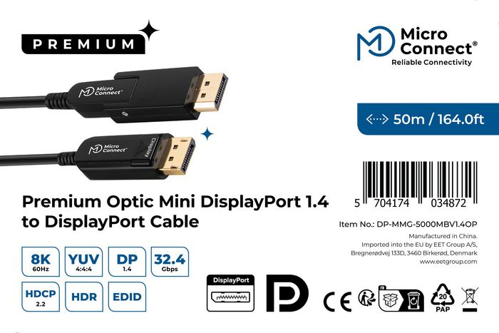 MicroConnect Câble Premium Fibre Optique Mini DisplayPort 1.4 vers DisplayPort, 50m MicroConnect Câble Premium Fibre Optique Mini DisplayPort 1.4 vers DisplayPort, 50m