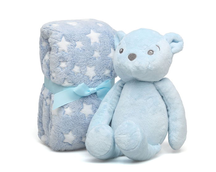 KioKids Ours en peluche bleu avec couverture polaire étoilée pour bébé 0 mois - 25 cm et couverture 100x100 cm en polyester