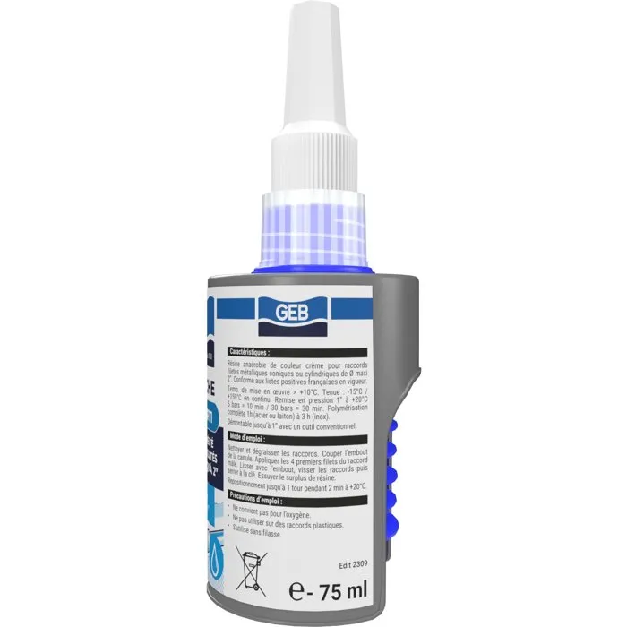 GEB Résine d'étanchéité anaérobie PTFE RT1 pour eau potable - 75 ml - Étanchéité filetés métalliques, eau chaude/froide, vapeur