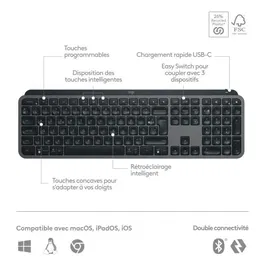 Logitech MX Keys S - Clavier ergonomique rétroéclairé sans fil Bluetooth, AZERTY français, graphite