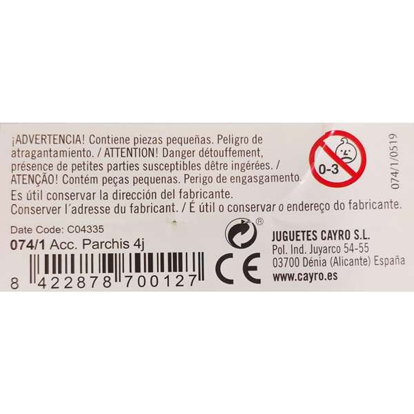 Cayro Accessoires de jeu de Parcheesi pour 4 joueurs en boîte plastique, version multilingue (espagnol, anglais, français, italien, portugais, allemand) Cayro Accessoires de jeu de Parcheesi pour 4 joueurs en boîte plastique, version multilingue (espagnol, anglais, français, italien, portugais, allemand)