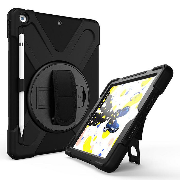 eSTUFF Coque Protection Totale CHICAGO pour iPad 10,2 Pouces avec Protection d'Écran Intégrée, Béquille, Porte-Crayon et Sangles Inclus - Noir