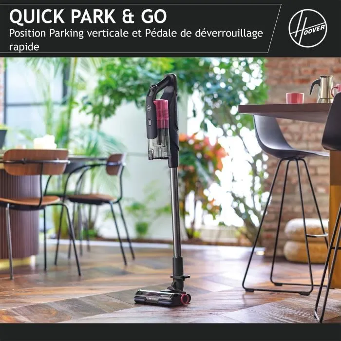 Hoover HF920H Aspirateur Balai sans fil, 2 Batteries, 65 AW, Autonomie 60 min, Brosse Sols Durs/Tapis, Ecran LED, 0.7L, Rose Gris