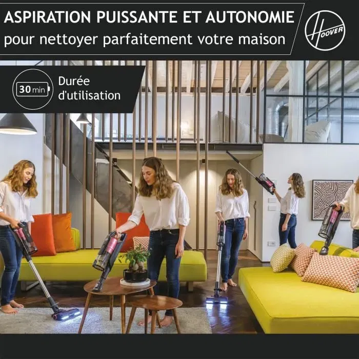 Hoover HF920H Aspirateur Balai sans fil, 2 Batteries, 65 AW, Autonomie 60 min, Brosse Sols Durs/Tapis, Ecran LED, 0.7L, Rose Gris