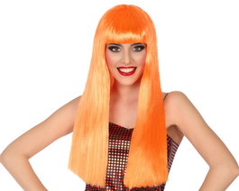 Peluca Larga Lisa Orange à Frange de 60 cm, 120 gr - Perruque longue et fluide pour déguisement Halloween, carnaval et personnage coloré