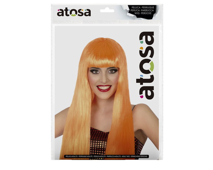 Peluca Larga Lisa Orange à Frange de 60 cm, 120 gr - Perruque longue et fluide pour déguisement Halloween, carnaval et personnage coloré