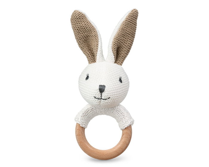 KioKids Mordedor Conejito - Anneau de dentition en bois et coton, jouet écologique pour bébé +3 mois, collection Cotton Friends, beige
