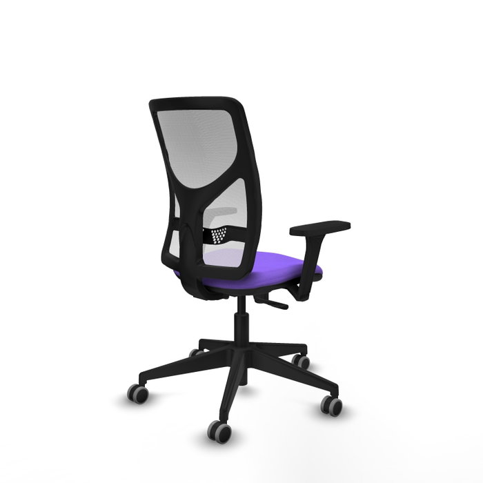 Chaise Motilla Synchro 3 positions tissu Violet Maille Blanc Base pyramidale noire Accoudoir 3D Sans appui-tête Roulettes 65mm pour moquette
